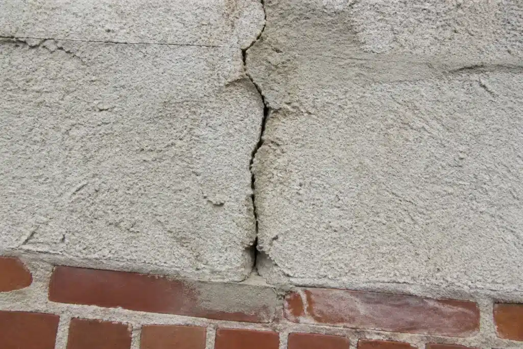 Fissure rebouchée qui s'est rouverte sur une façade enduite