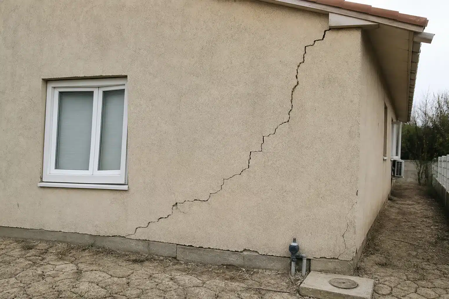 Large fissure traversante en escalier sur la façade latérale d'une maison individuelle