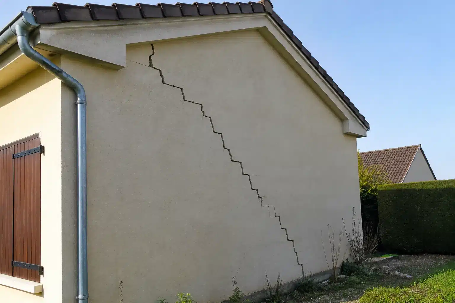 Fissure traversante en escalier sur le pignon enduit d'une maison individuelle, sous la génoise