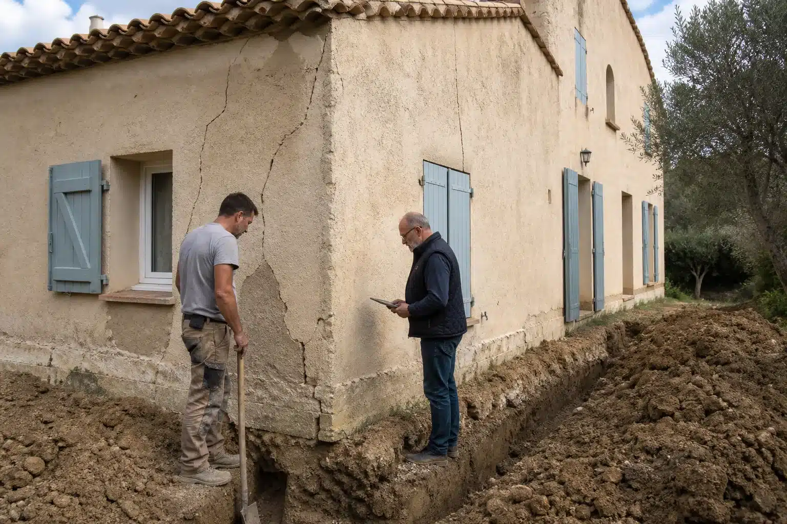 Diagnostic des fondations d'une maison fissurée dans les Alpes-de-Haute-Provence, sol argileux