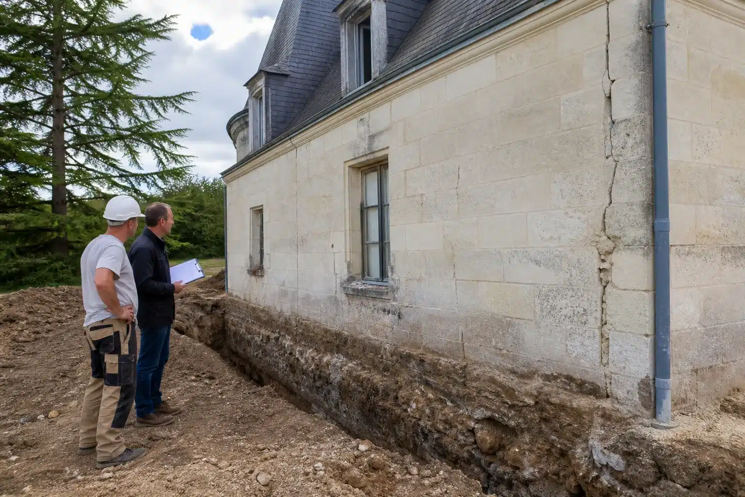 Diagnostic des fondations d'une maison fissurée dans l'Indre, sol argileux