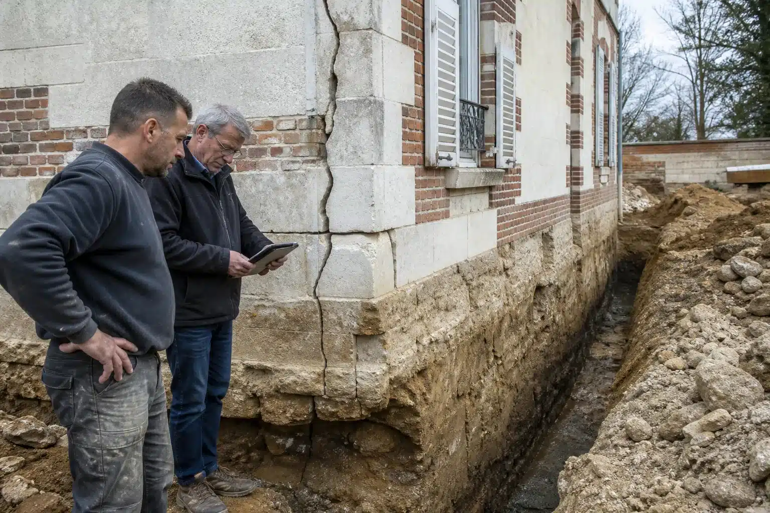 Diagnostic des fondations d'une maison fissurée dans la Marne, sol argileux