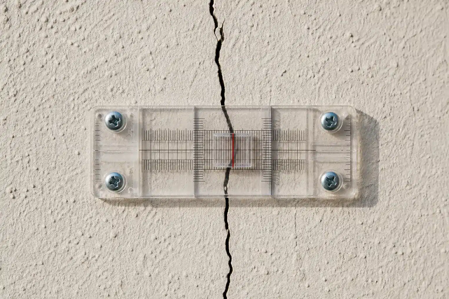 Fissuromètre à glissières posé sur une fissure verticale d'un mur enduit