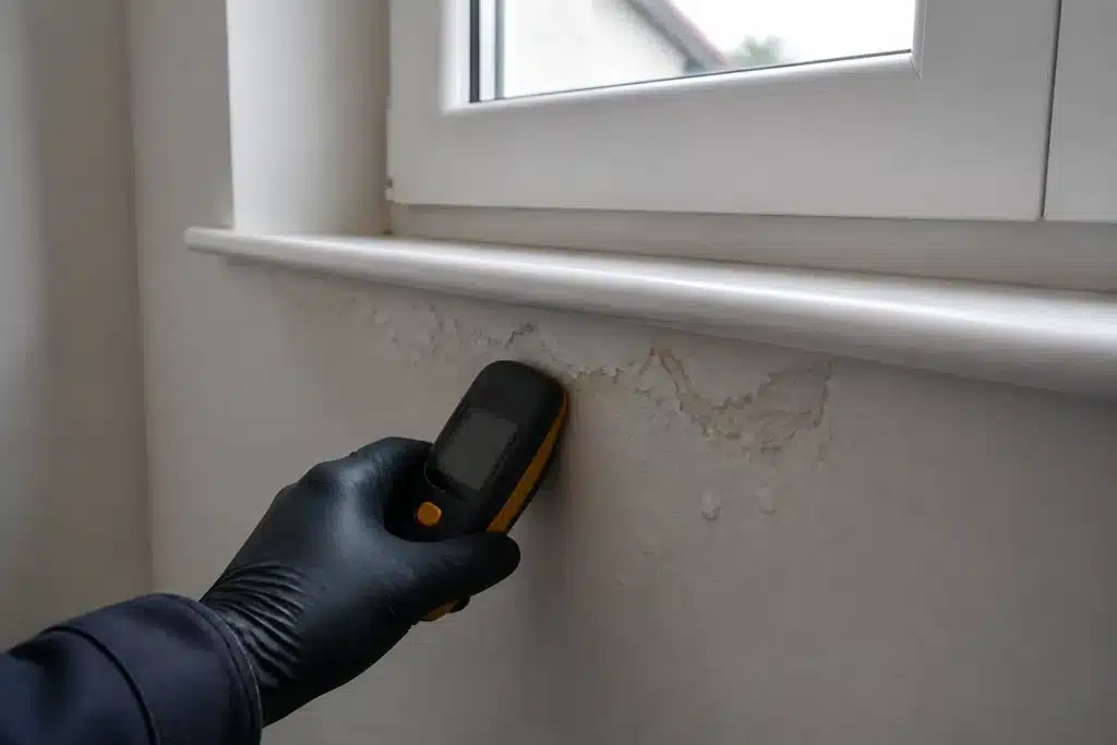 Infiltration sous l'appui d'une fenêtre de maison neuve contrôlée avec un humidimètre lors d'un constat technique