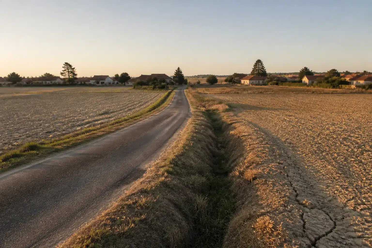 Limite entre deux communes rurales avec maisons individuelles et champs argileux craquelés