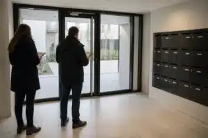 Visite de livraison des parties communes dans le hall d'une résidence neuve, contrôle de la porte d'entrée