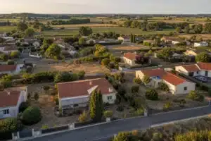 Vue aérienne d'un lotissement de maisons individuelles avec jardins grillés par la sécheresse