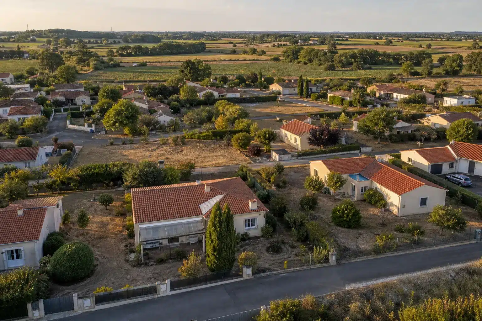 Vue aérienne d'un lotissement de maisons individuelles avec jardins grillés par la sécheresse