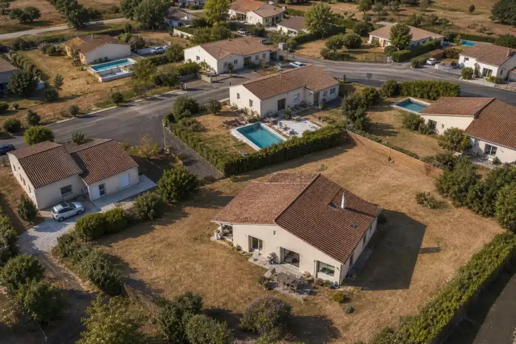 Vue aérienne d'un lotissement aux pelouses jaunies par la sécheresse