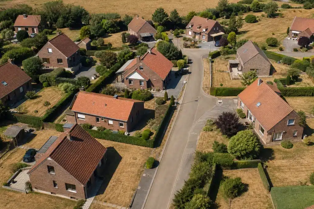 Vue aérienne d'un lotissement aux pelouses jaunies par la sécheresse
