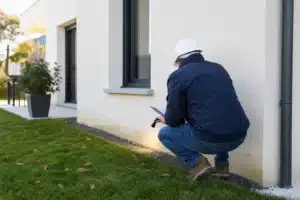 Expert en bâtiment examinant le soubassement d'une maison neuve construite en CCMI avant la fin de la première année