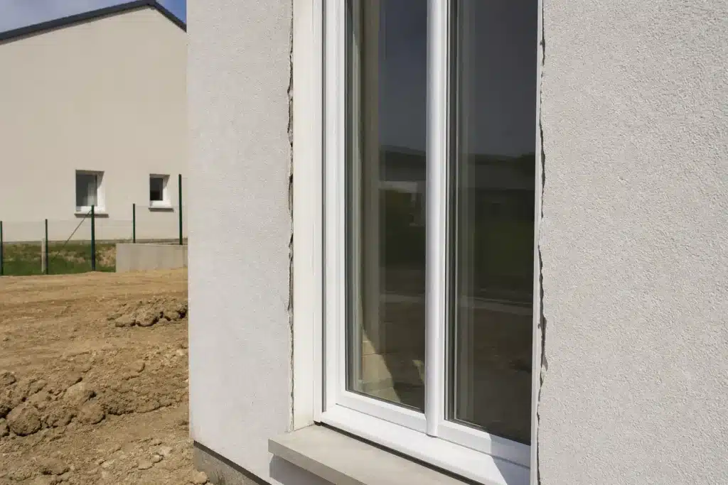 Maison individuelle neuve construite en CCMI avec une menuiserie extérieure présentant un joint défectueux réservé à la réception
