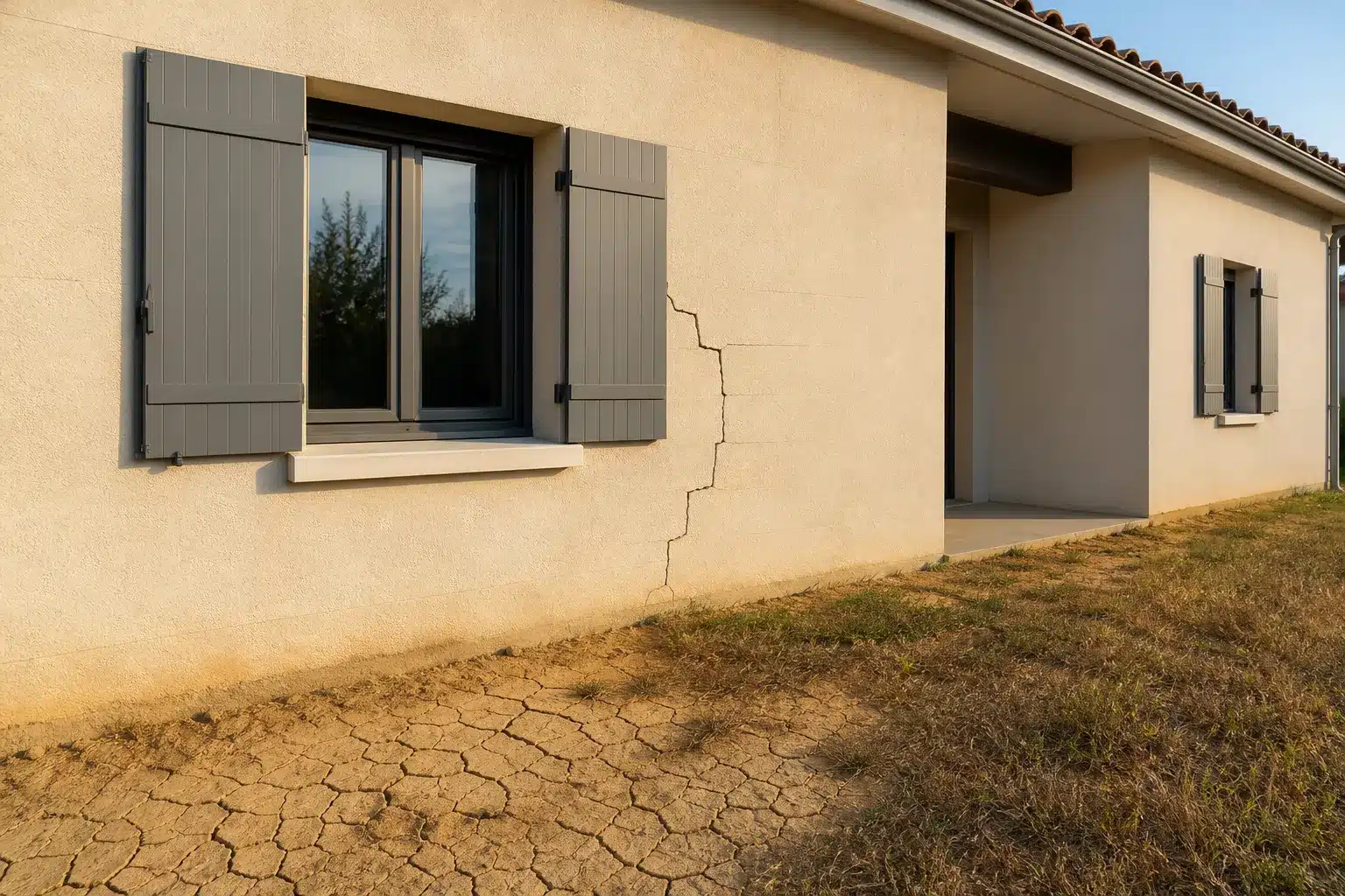 Fissure en escalier sur la façade d'une maison individuelle et sol argileux craquelé par la sécheresse