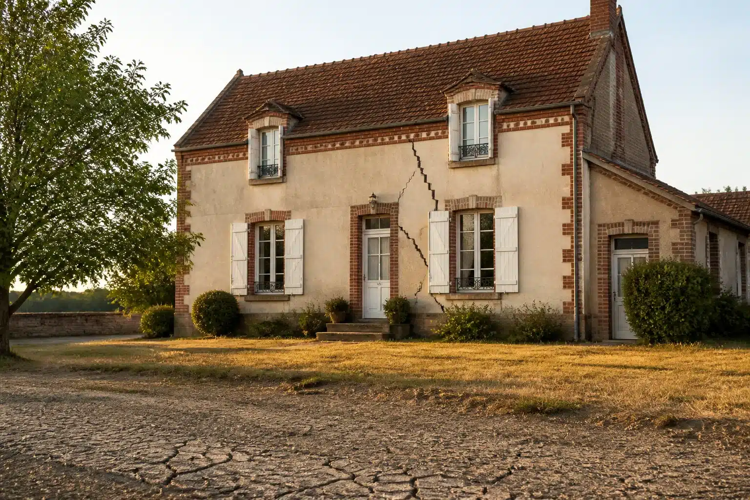 Maison fissurée par la sécheresse dans l'Aube, sol argileux craquelé