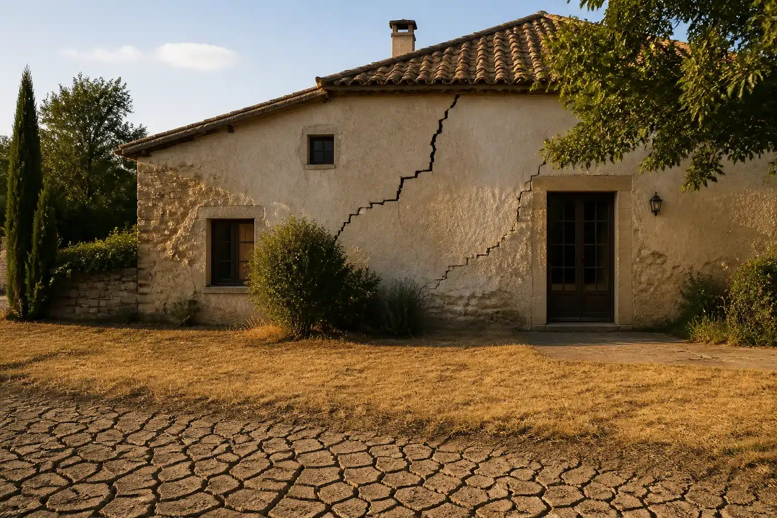 Maison fissurée par la sécheresse en Auvergne-Rhône-Alpes, sol argileux craquelé