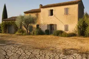 Maison fissurée par la sécheresse dans les Bouches-du-Rhône, sol argileux craquelé