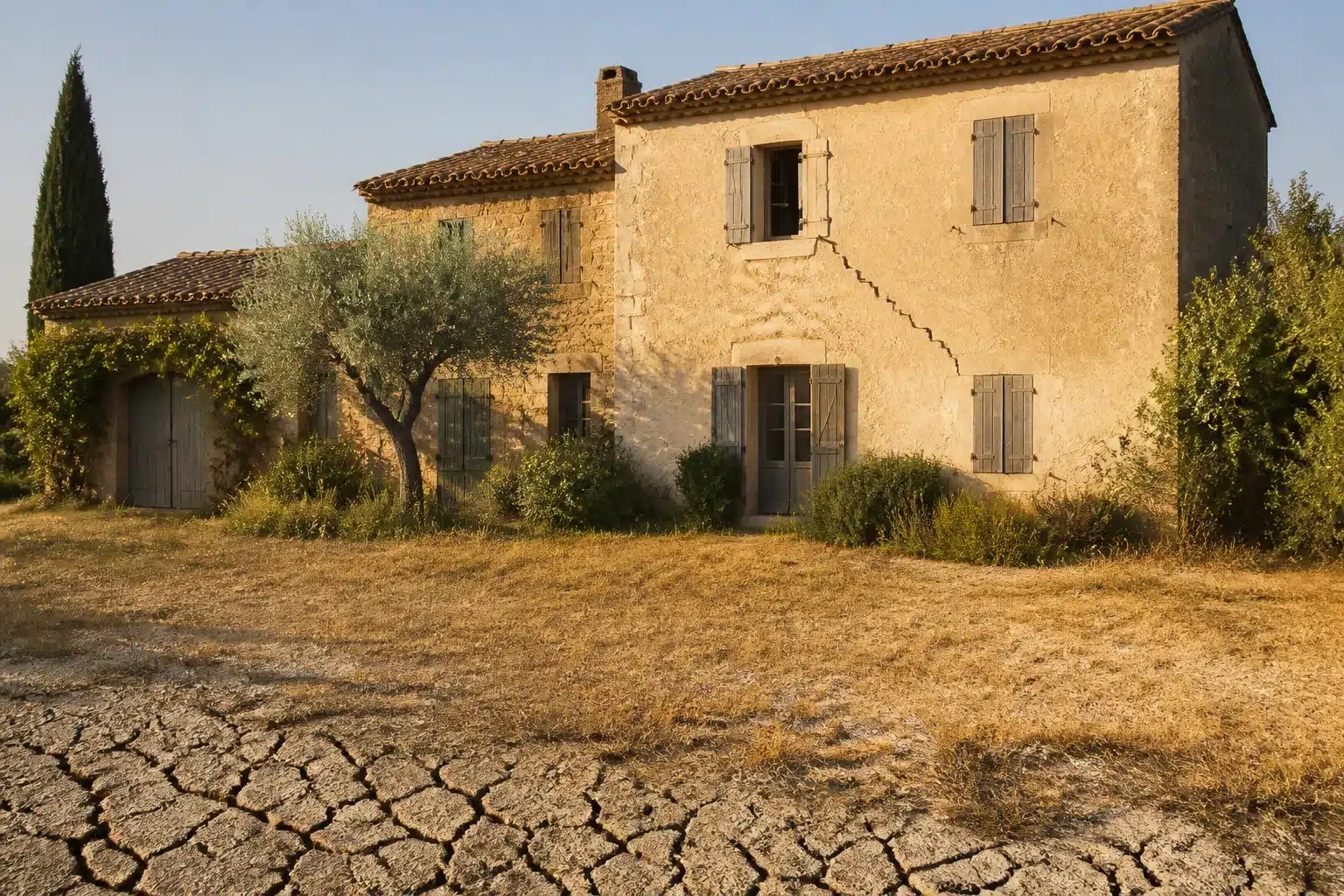 Maison fissurée par la sécheresse dans les Bouches-du-Rhône, sol argileux craquelé