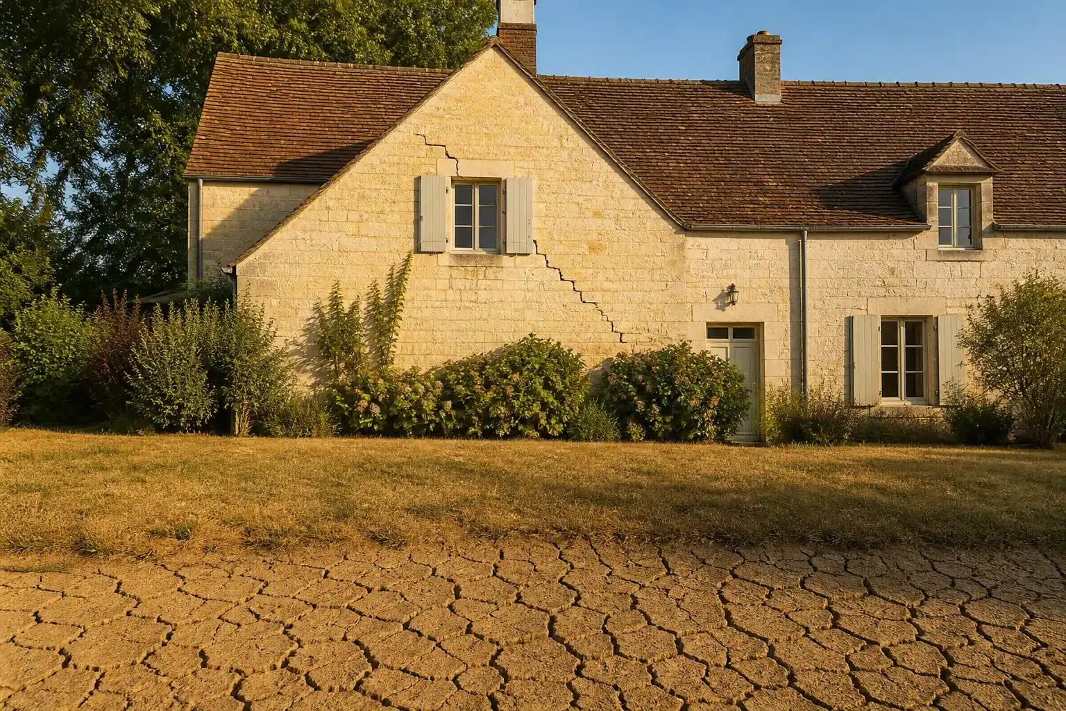 Maison fissurée par la sécheresse en Bourgogne-Franche-Comté, sol argileux craquelé