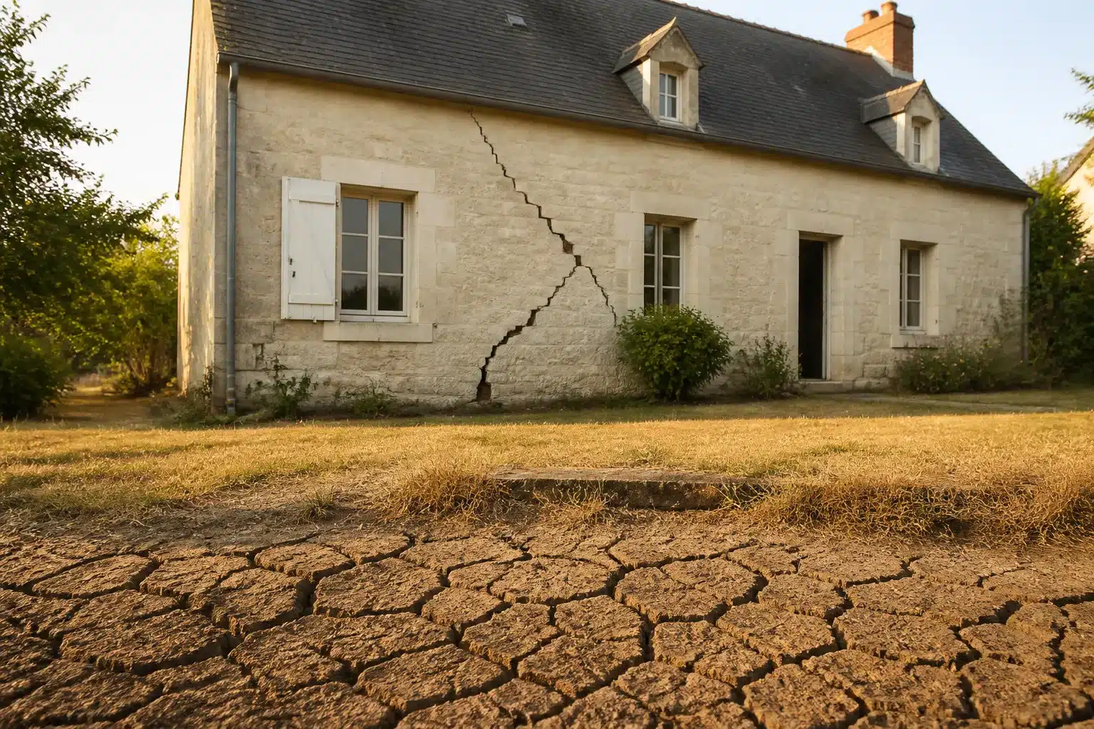 Maison en tuffeau du Centre-Val de Loire fissurée en escalier, sol argileux craquelé par la sécheresse