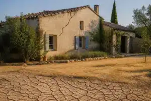 Maison fissurée par la sécheresse dans la Drôme, sol argileux craquelé