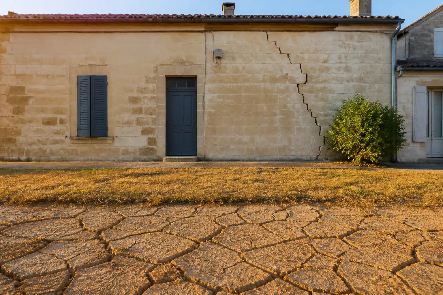 Maison fissurée par la sécheresse en Gironde, sol argileux craquelé