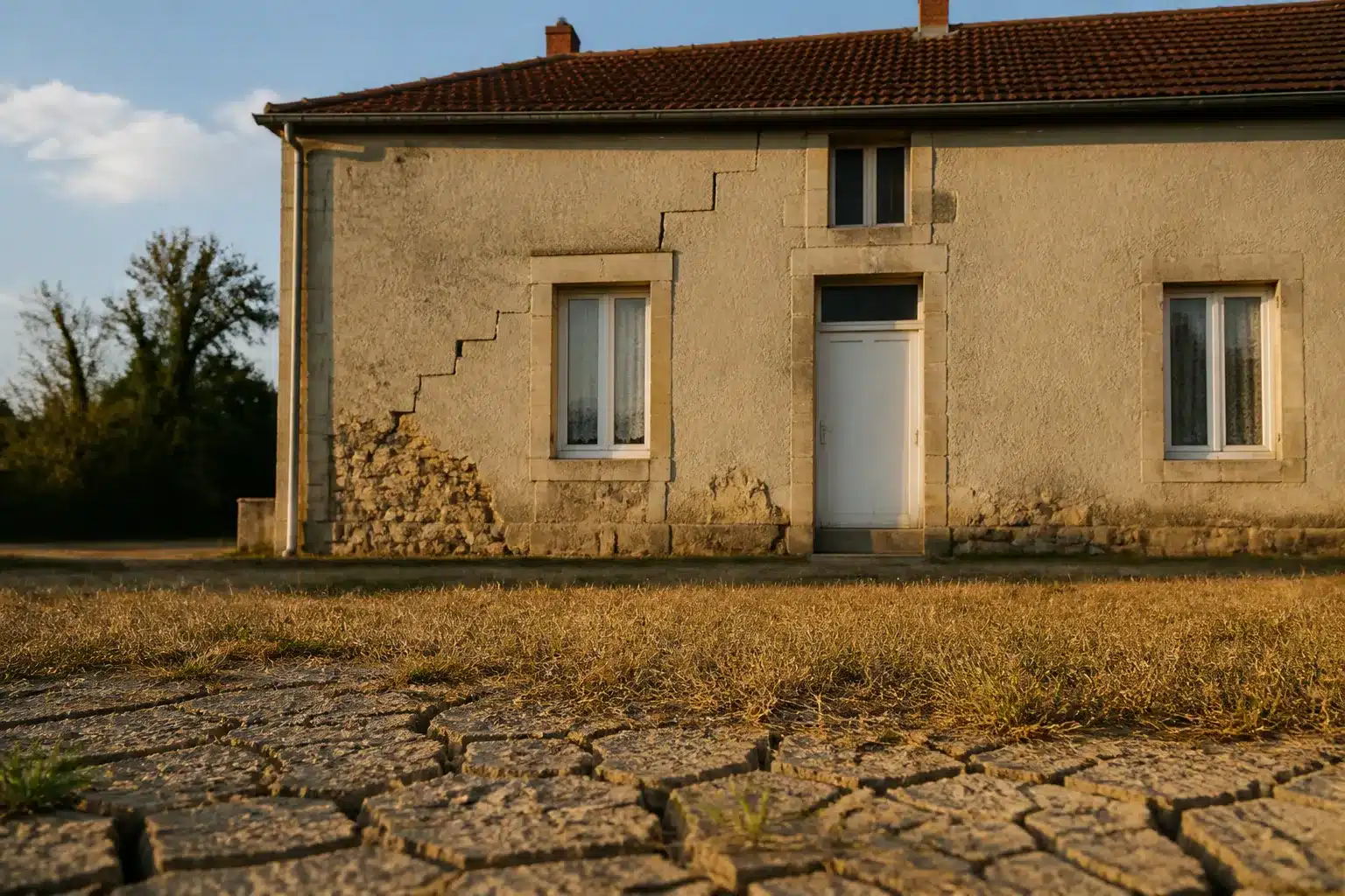 Maison fissurée par la sécheresse en Grand Est, sol argileux craquelé