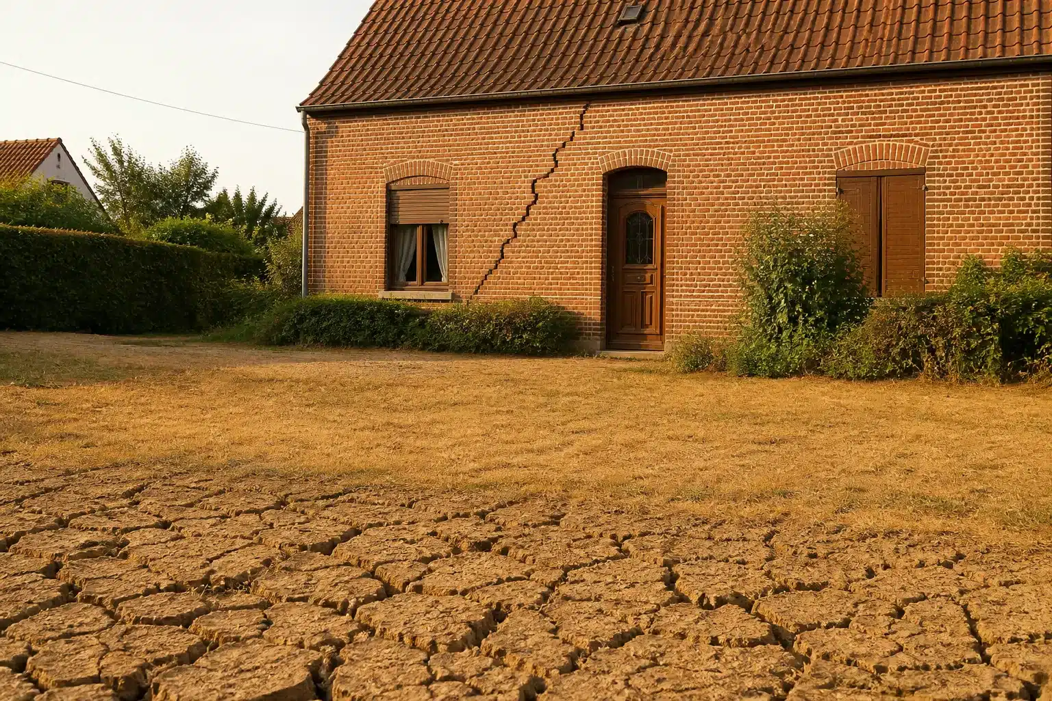 Maison fissurée par la sécheresse en Hauts-de-France, sol argileux craquelé