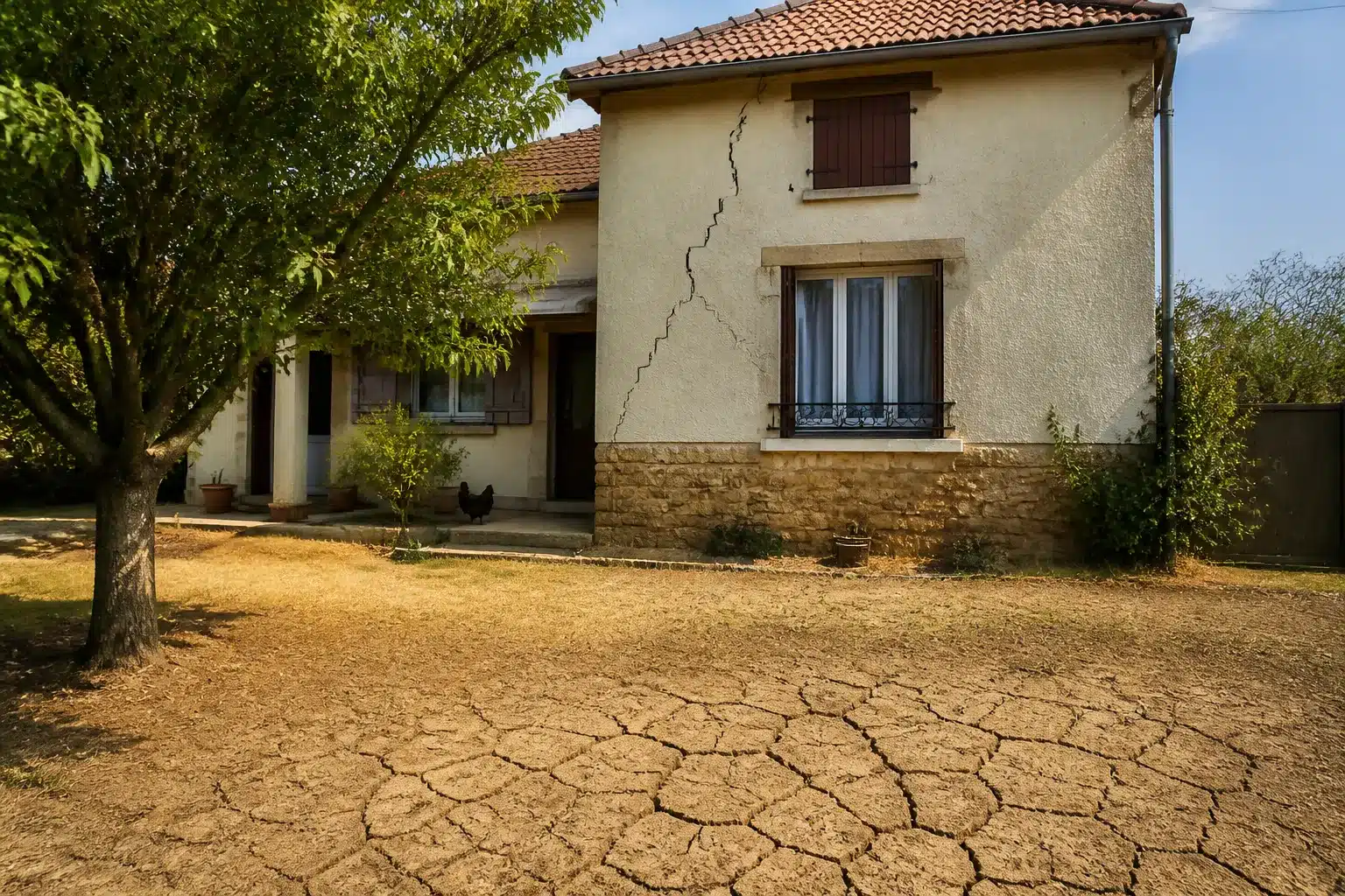 Maison fissurée par la sécheresse en Île-de-France, sol argileux craquelé