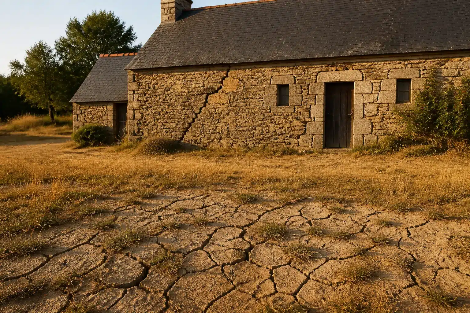 Maison fissurée par la sécheresse en Loire-Atlantique, sol argileux craquelé
