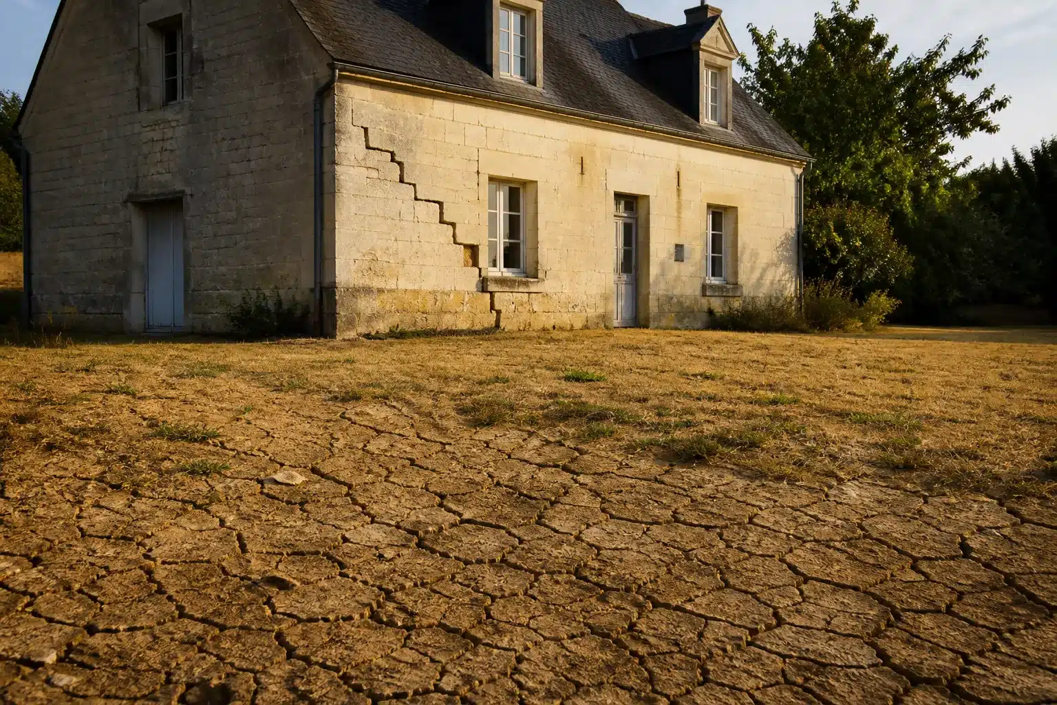 Maison fissurée par la sécheresse dans le Loiret, sol argileux craquelé