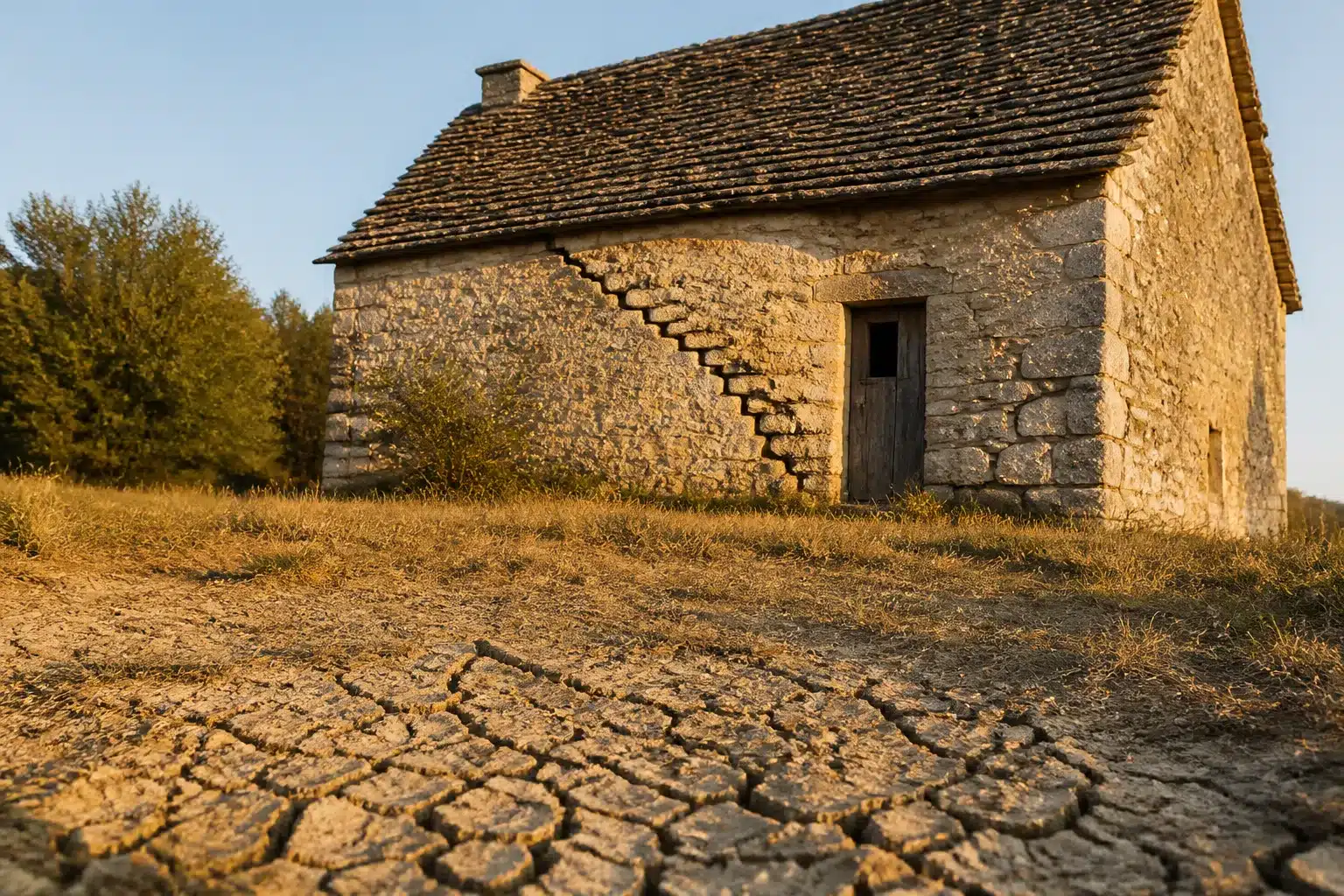 Maison fissurée par la sécheresse dans le Lot, sol argileux craquelé