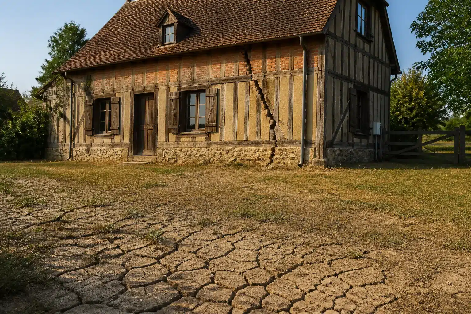 Maison fissurée par la sécheresse en Normandie, sol argileux craquelé