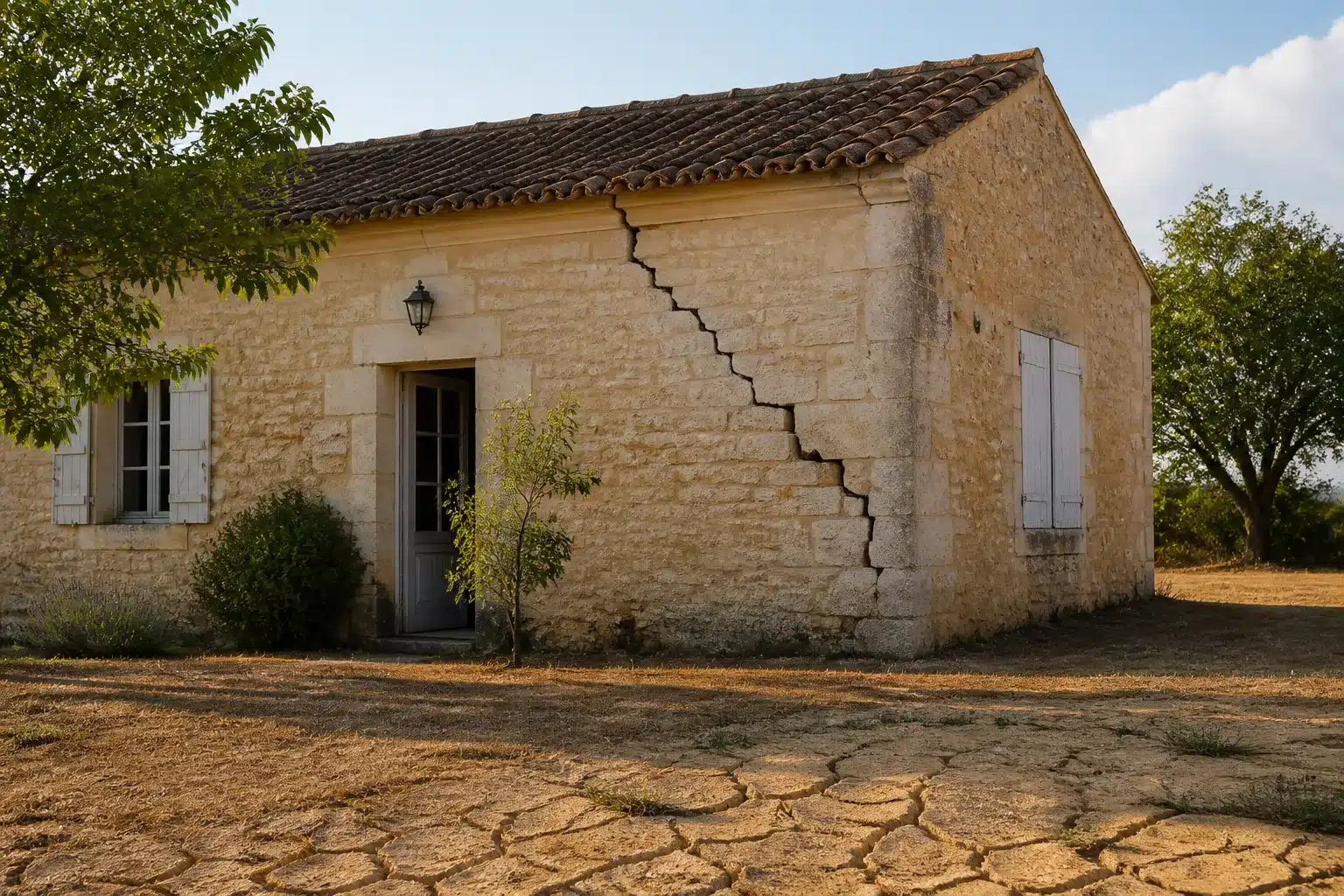 Maison fissurée par la sécheresse en Nouvelle-Aquitaine, sol argileux craquelé