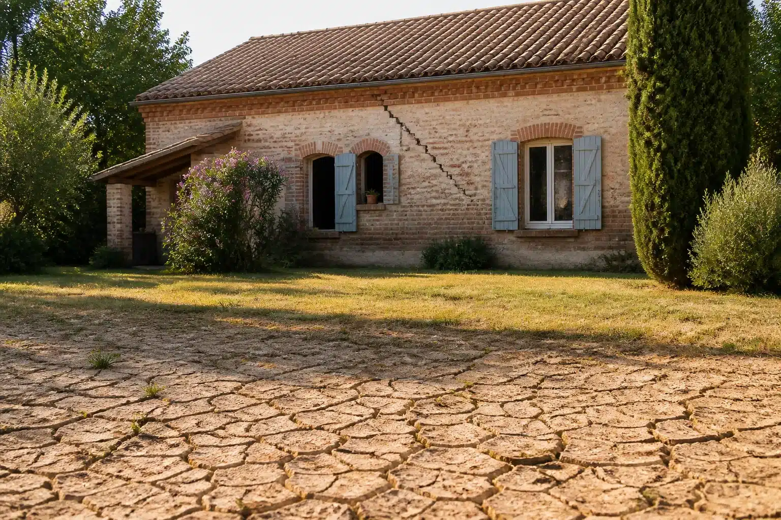 Maison fissurée par la sécheresse en Occitanie, sol argileux craquelé