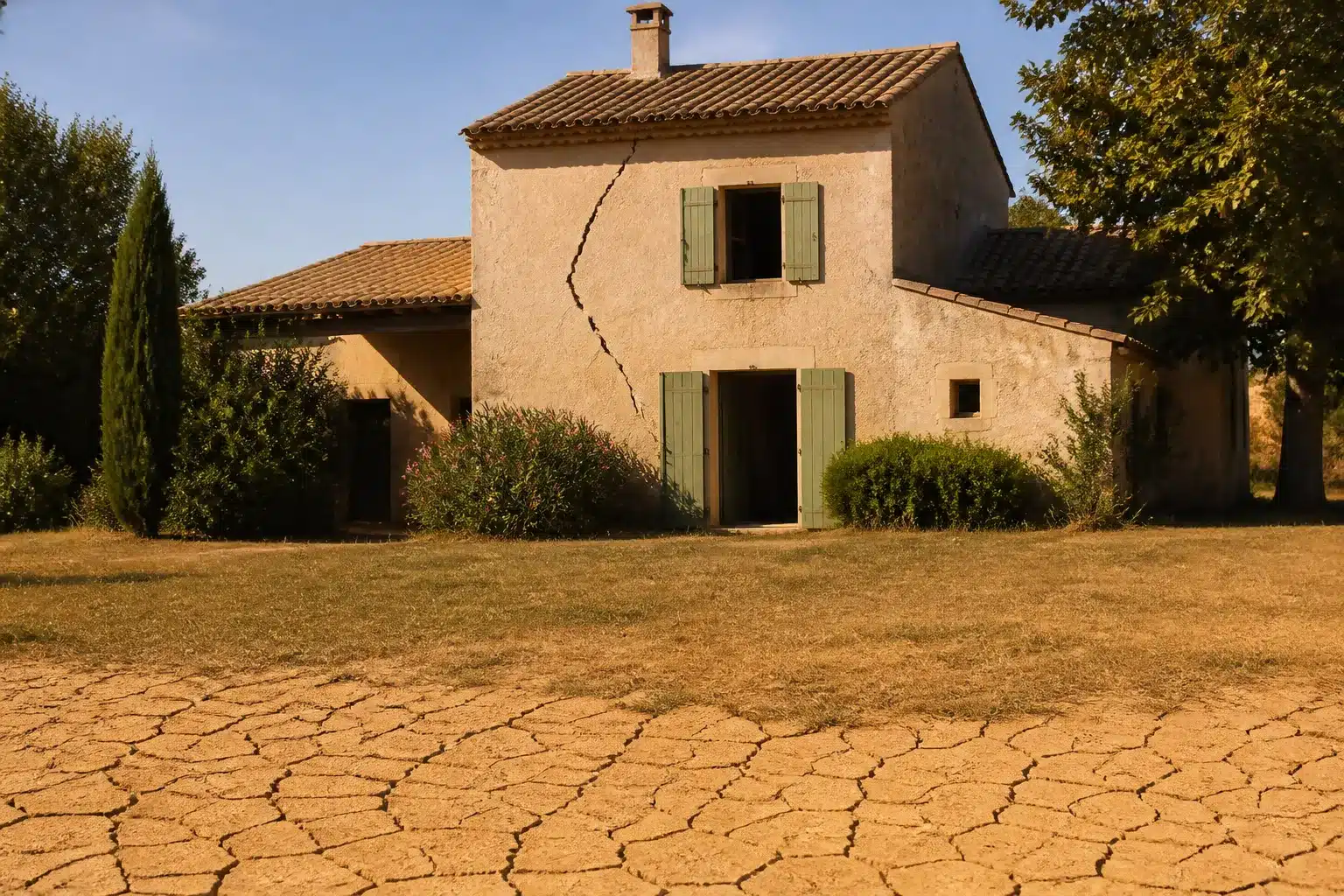 Maison fissurée par la sécheresse en Provence-Alpes-Côte d'Azur, sol argileux craquelé