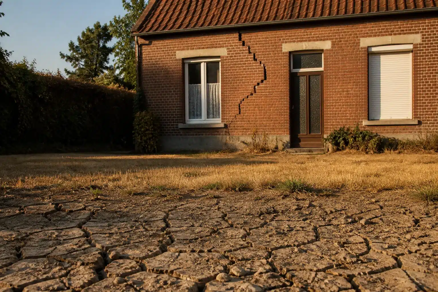 Maison fissurée par la sécheresse dans le Pas-de-Calais, sol argileux craquelé