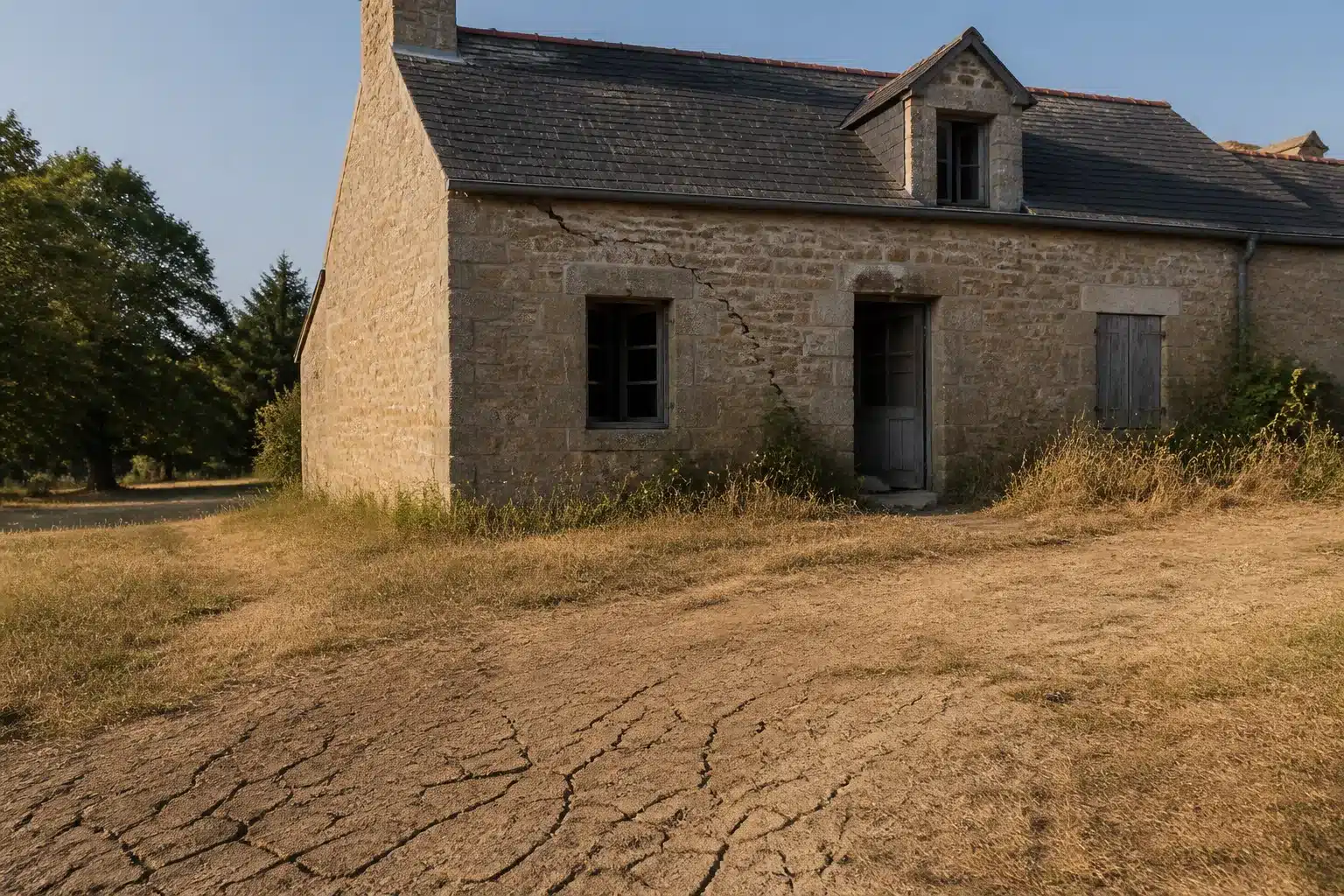 Maison fissurée par la sécheresse en Pays de la Loire, sol argileux craquelé