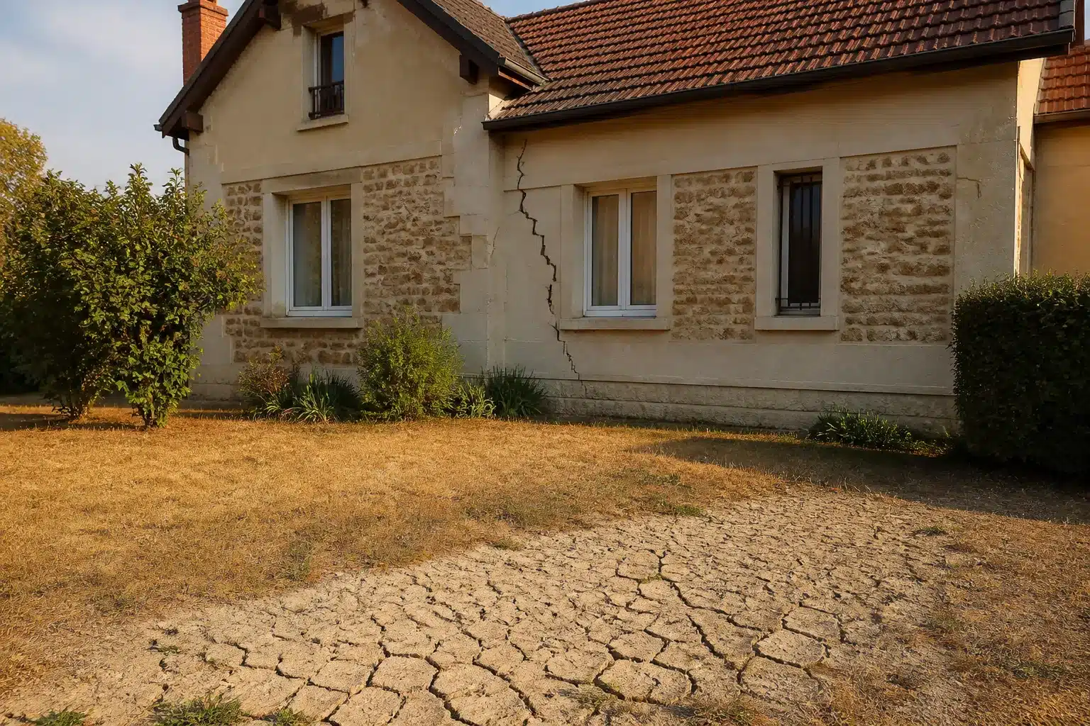 Maison fissurée par la sécheresse en Seine-et-Marne, sol argileux craquelé