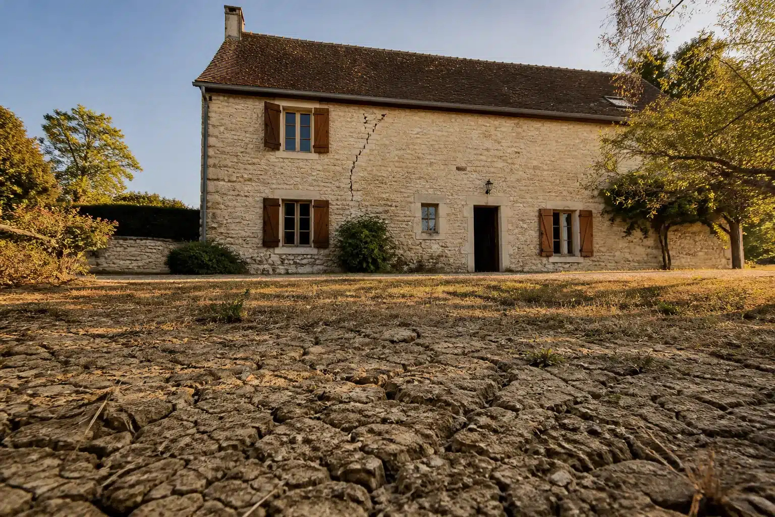 Maison fissurée par la sécheresse dans l'Yonne, sol argileux craquelé