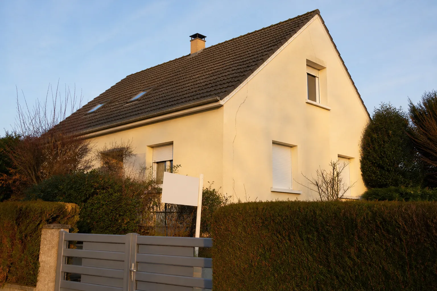 Maison individuelle mise en vente avec une fissure visible à l'angle de la façade