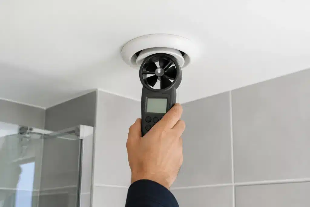 Mesure du débit d'air d'une bouche d'extraction de VMC au plafond d'une salle de bains neuve à l'aide d'un anémomètre