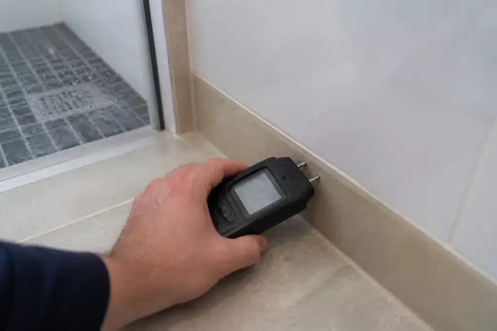 Mesure à l'humidimètre sur une plinthe proche d'une douche à l'italienne pour localiser une fuite