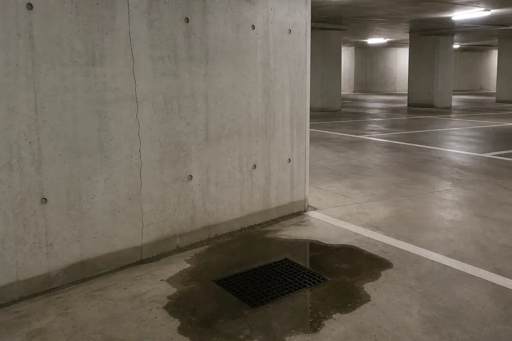 Parking souterrain d'une résidence neuve avec fissure sur un voile en béton et flaque d'eau persistante