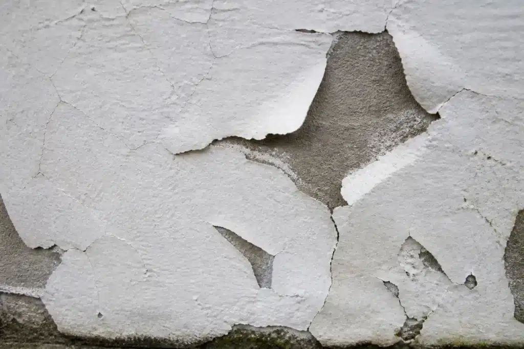 Gros plan d'une peinture de façade neuve qui cloque et se décolle par plaques sur un enduit encore humide