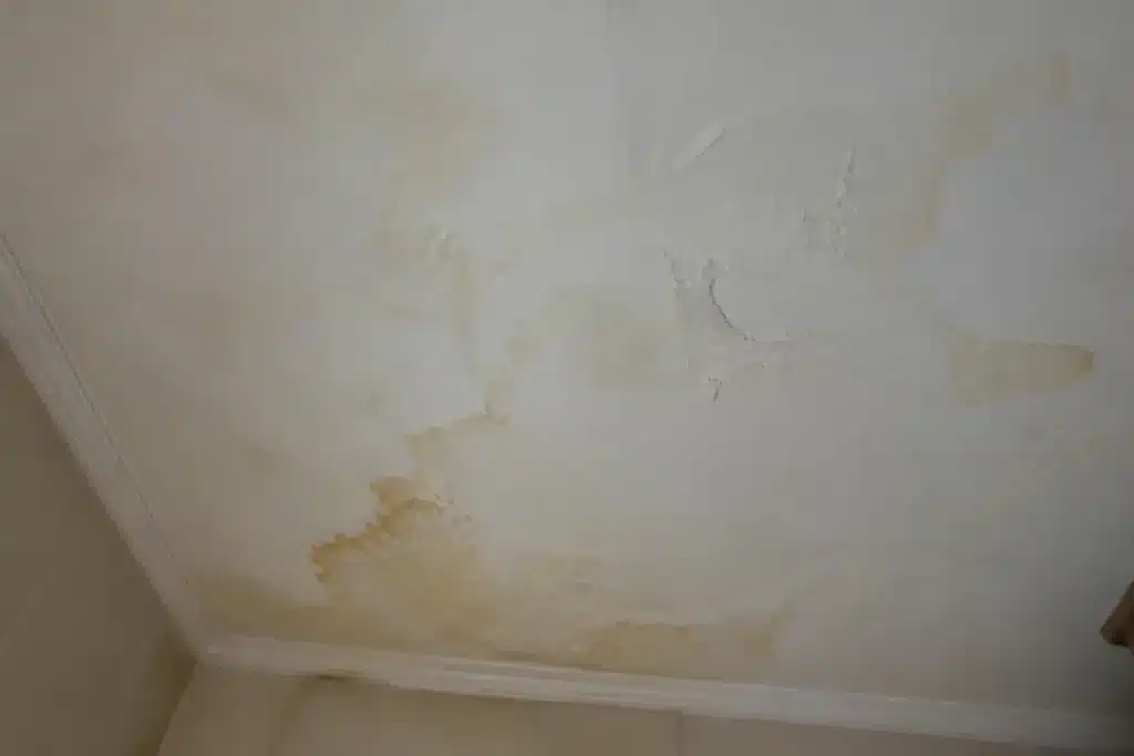 Auréole d'infiltration et peinture cloquée au plafond de la pièce située sous une douche à l'italienne