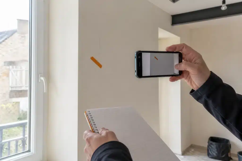 Relevé d'une fissure sur un doublage lors d'une visite de pré-réception de travaux de rénovation