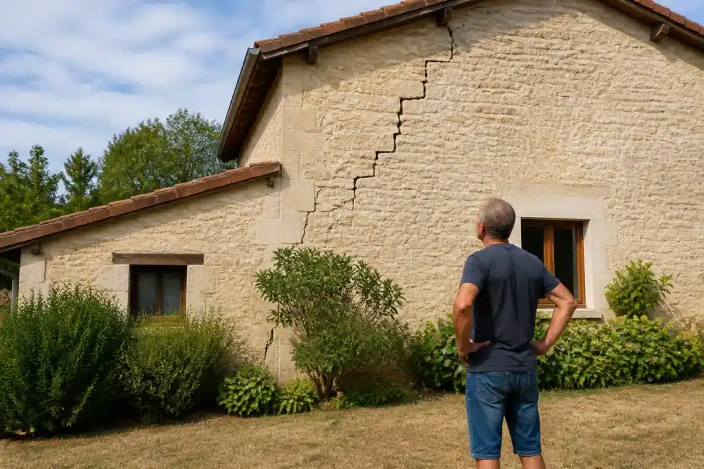 Propriétaire observant une fissure en escalier sur le pignon de sa maison