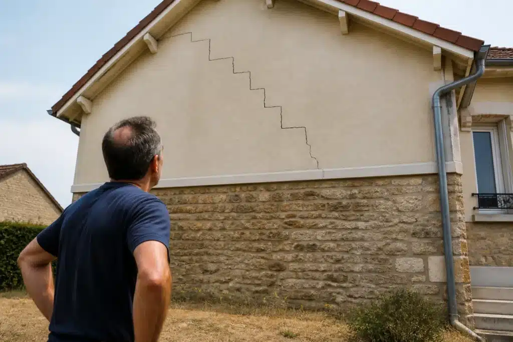 Propriétaire observant une fissure en escalier sur le pignon de sa maison