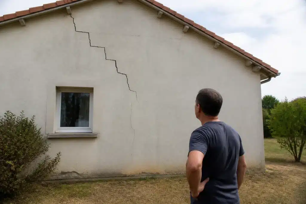 Propriétaire observant une fissure en escalier sur le pignon de sa maison