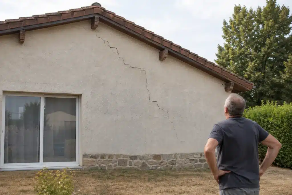 Propriétaire observant une fissure en escalier sur le pignon de sa maison